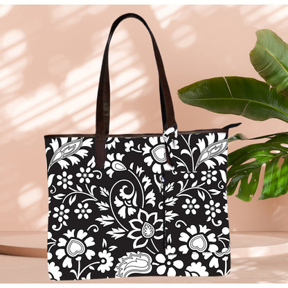 BLACK FLORAL PRINT TOTE BAG