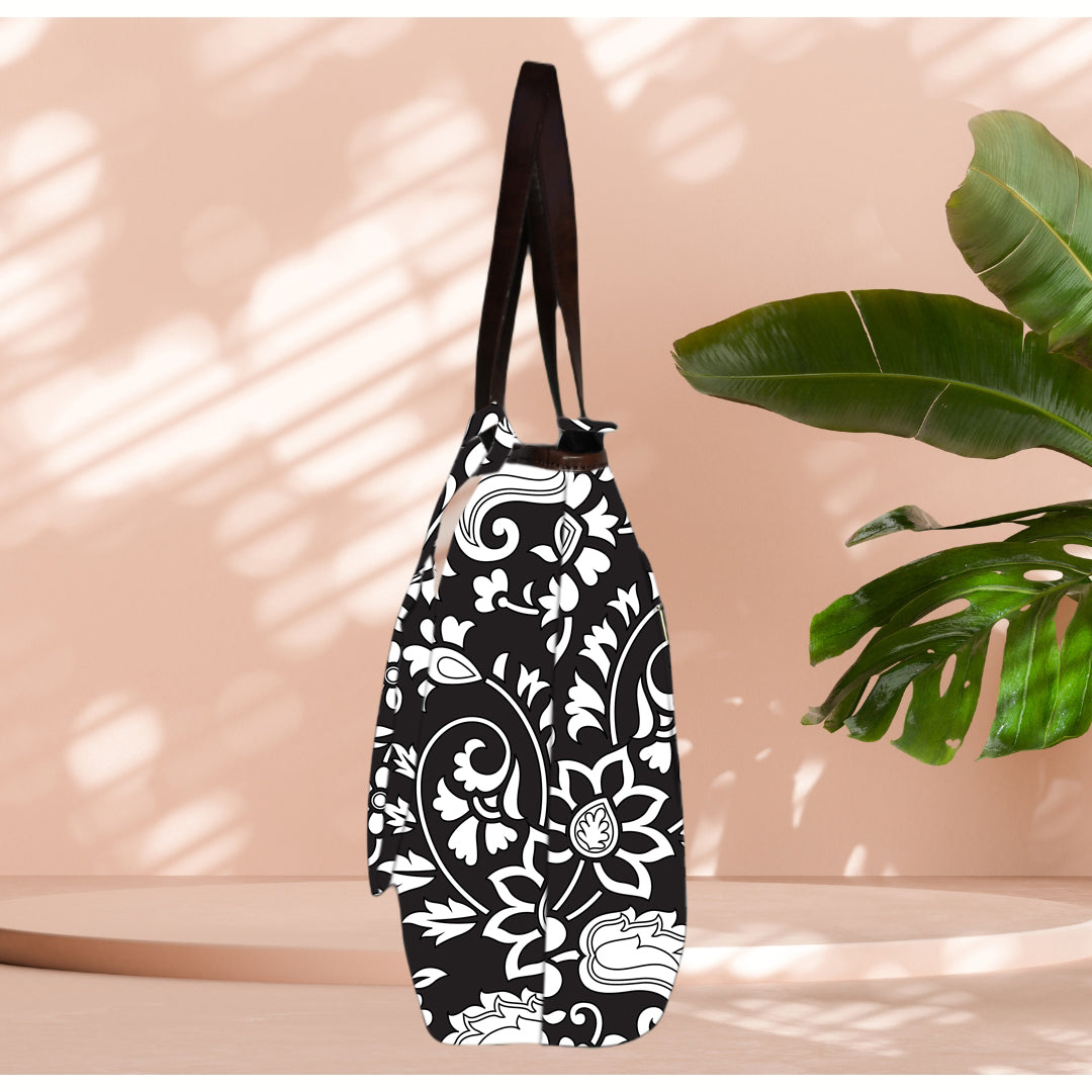 BLACK FLORAL PRINT TOTE BAG