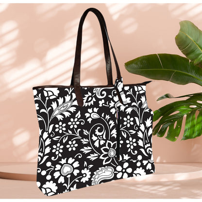 BLACK FLORAL PRINT TOTE BAG