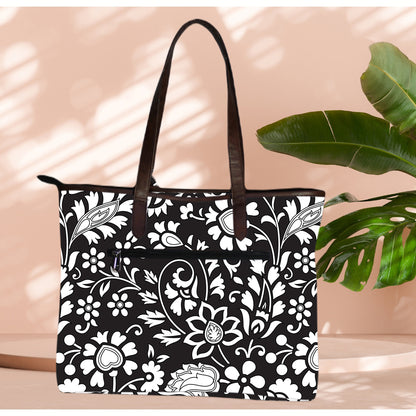 BLACK FLORAL PRINT TOTE BAG