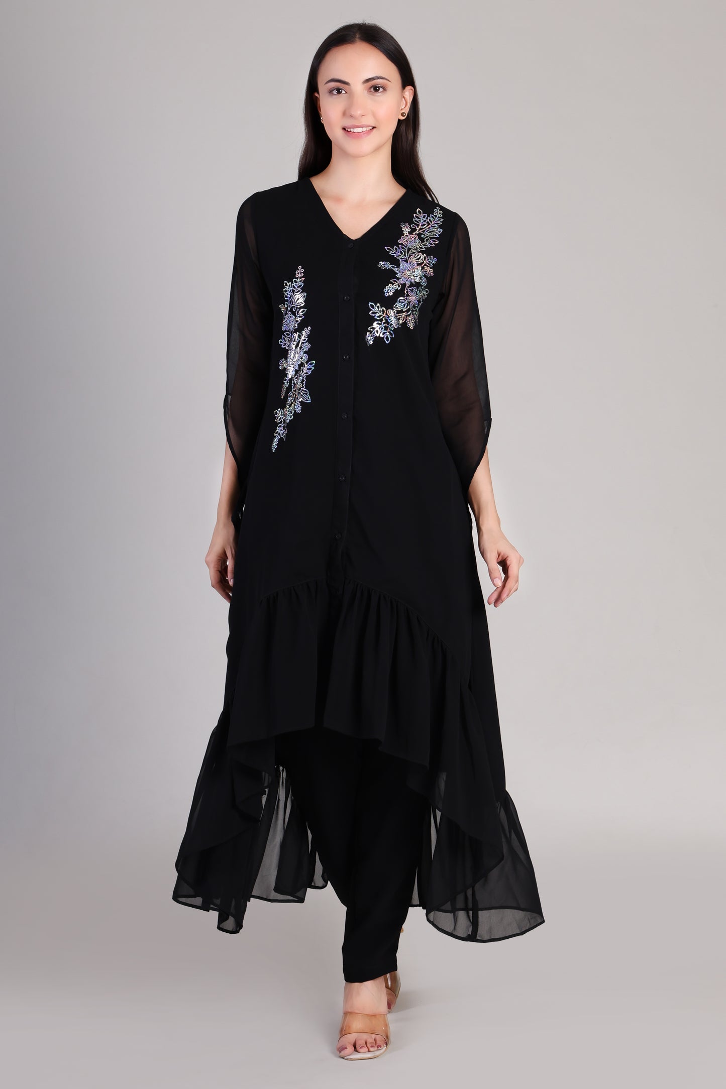 Stylish Sequins Embellished Frill High Low Top with Matching Pants for Women