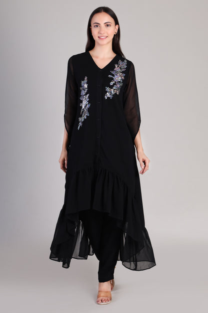Stylish Sequins Embellished Frill High Low Top with Matching Pants for Women