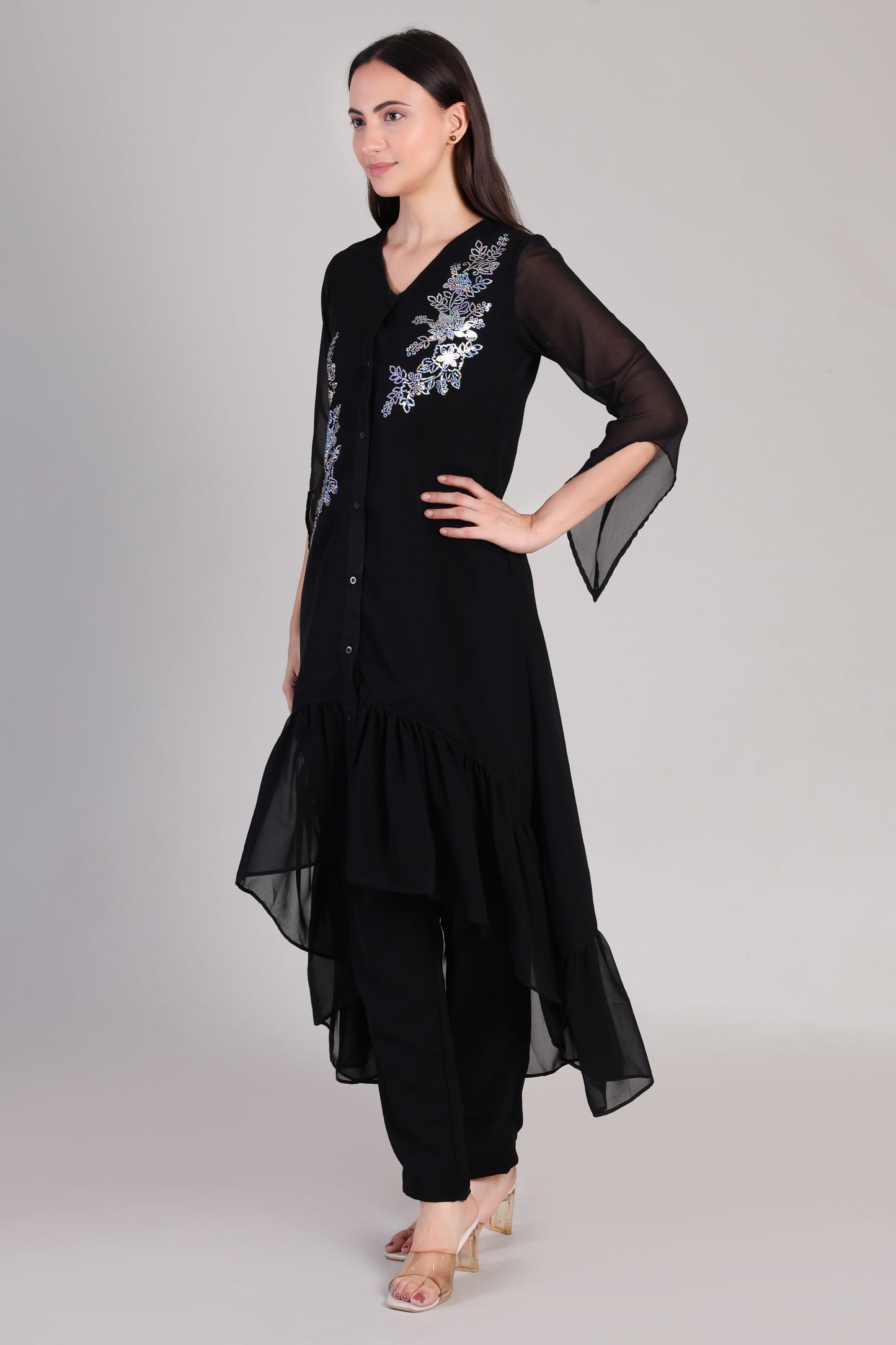 Stylish Sequins Embellished Frill High Low Top with Matching Pants for Women