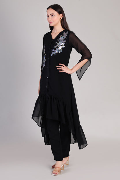 Stylish Sequins Embellished Frill High Low Top with Matching Pants for Women
