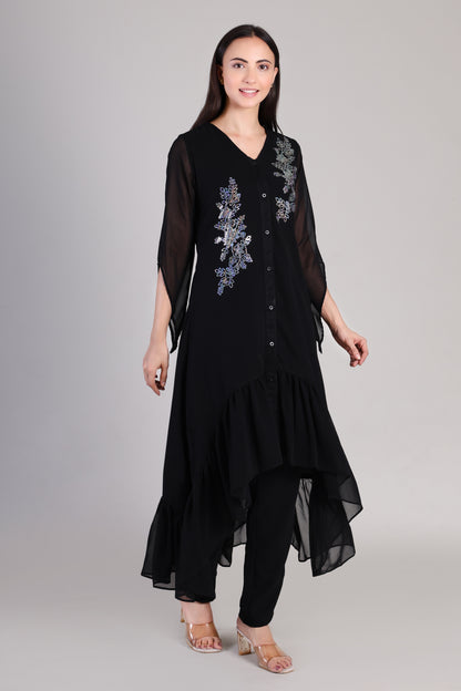 Stylish Sequins Embellished Frill High Low Top with Matching Pants for Women