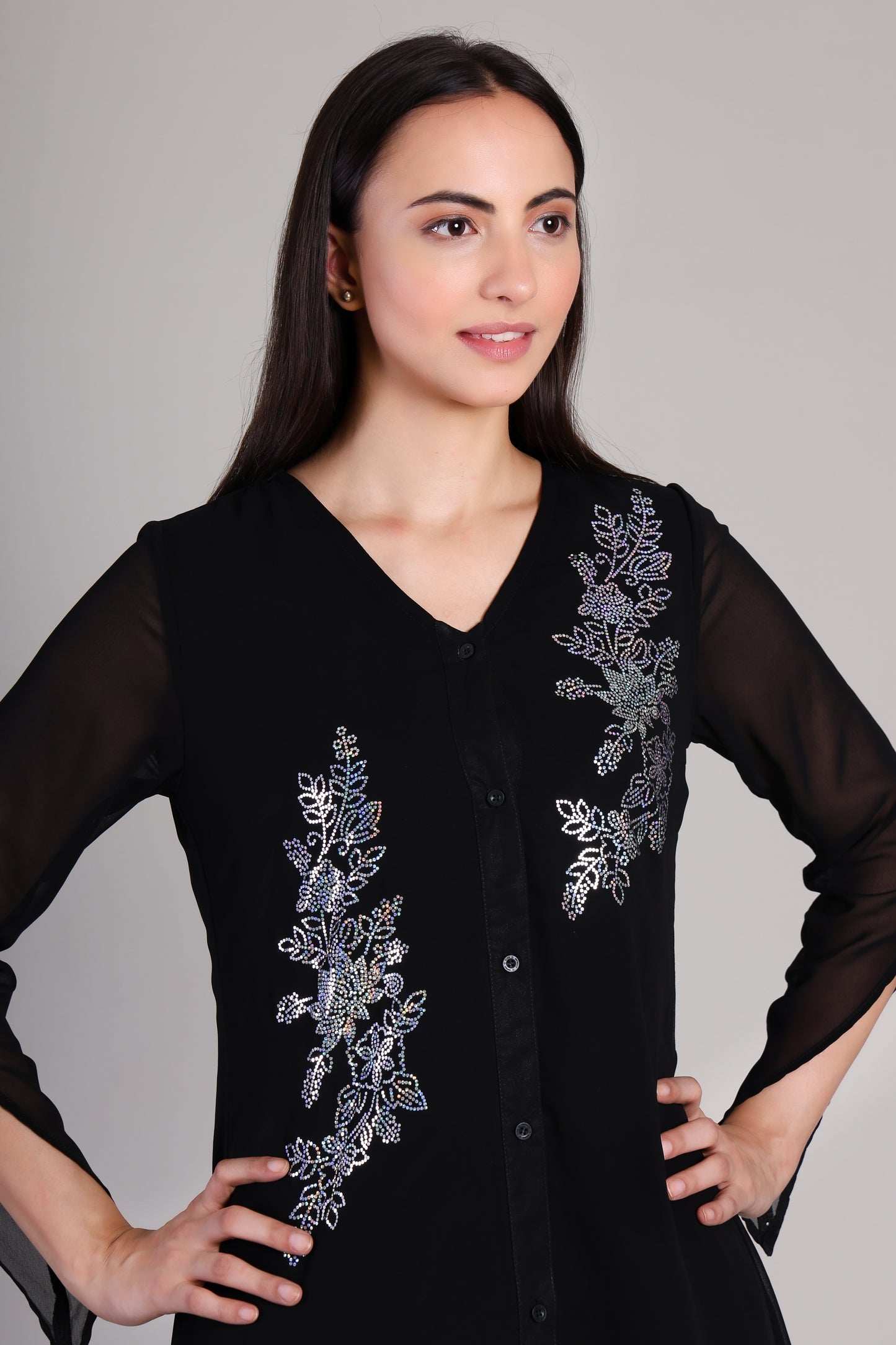 Stylish Sequins Embellished Frill High Low Top with Matching Pants for Women