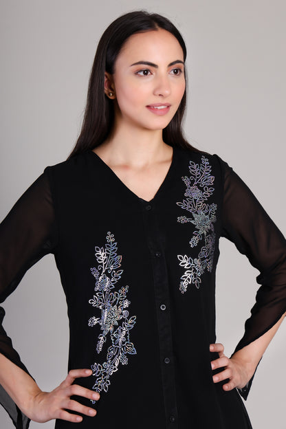 Stylish Sequins Embellished Frill High Low Top with Matching Pants for Women