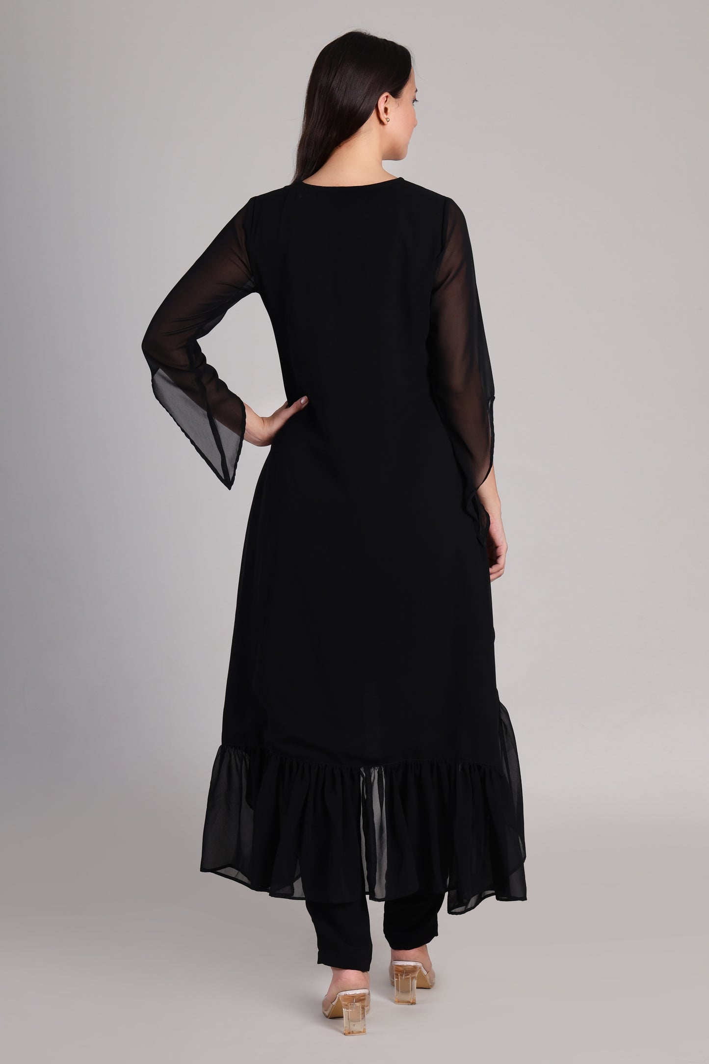 Stylish Sequins Embellished Frill High Low Top with Matching Pants for Women