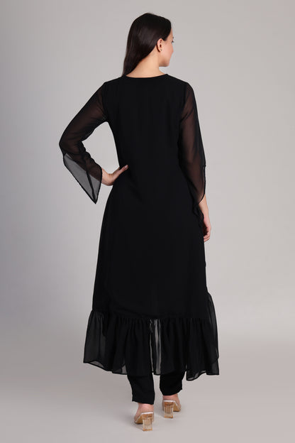 Stylish Sequins Embellished Frill High Low Top with Matching Pants for Women