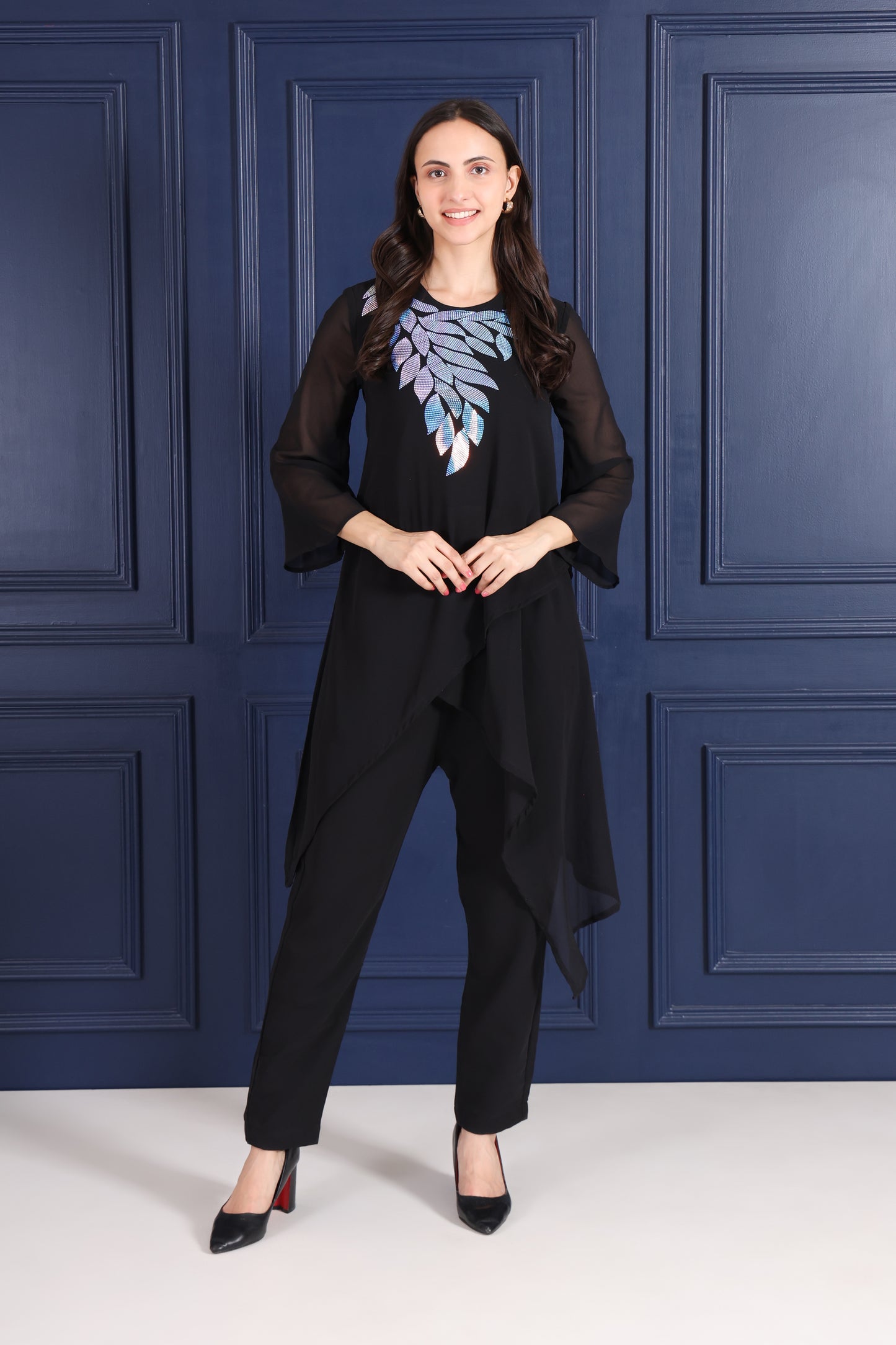 Elegant Sequins Embellished Asymmetric Tunic & Pant Set