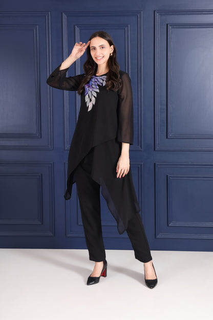 Elegant Sequins Embellished Asymmetric Tunic & Pant Set