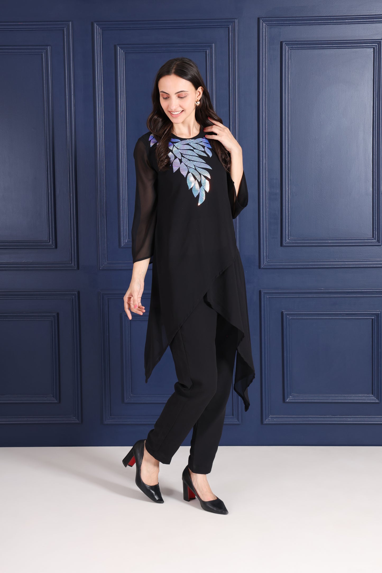Elegant Sequins Embellished Asymmetric Tunic & Pant Set
