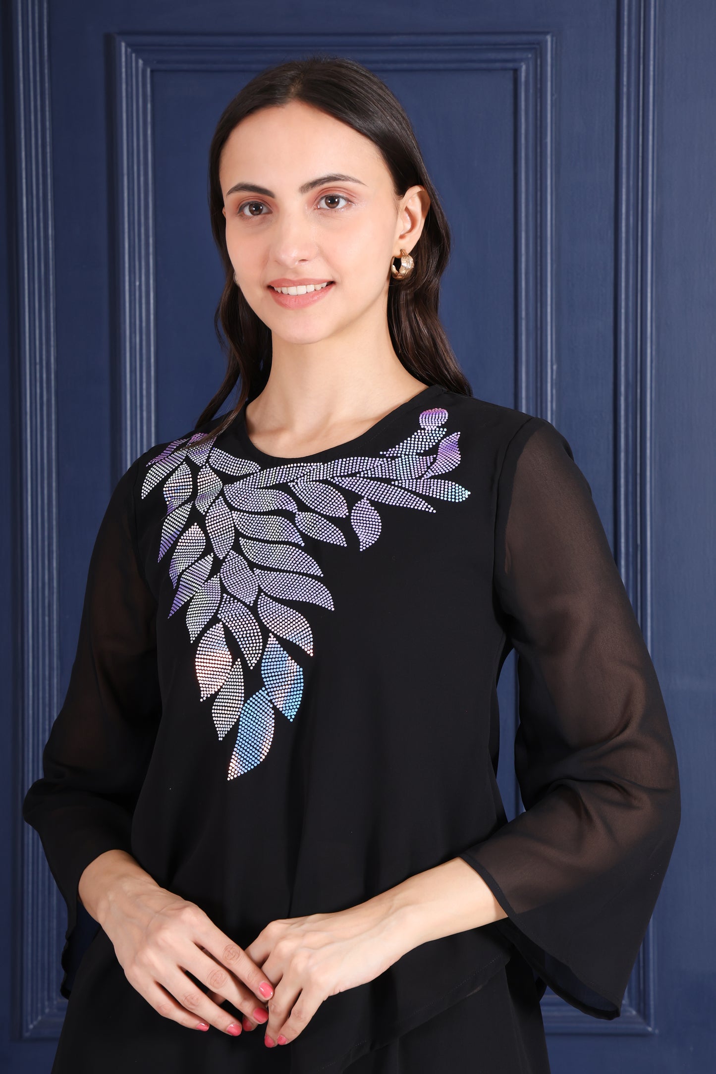 Elegant Sequins Embellished Asymmetric Tunic & Pant Set