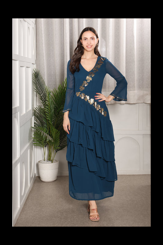 Premium Sequins Motif Frilled Evening Dress for Women