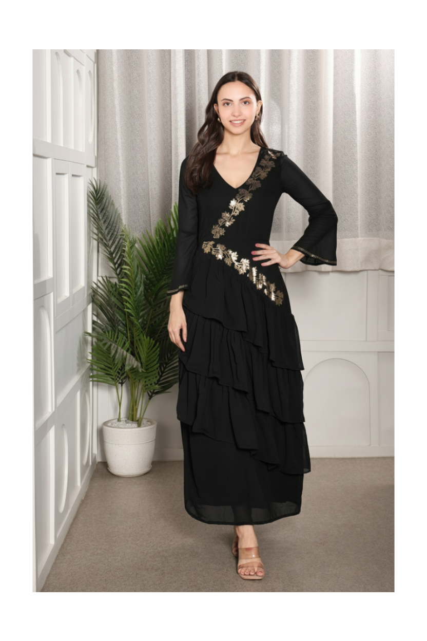 Premium Sequins Motif Frilled Evening Dress for Women