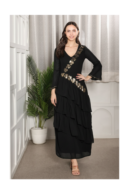 Premium Sequins Motif Frilled Evening Dress for Women