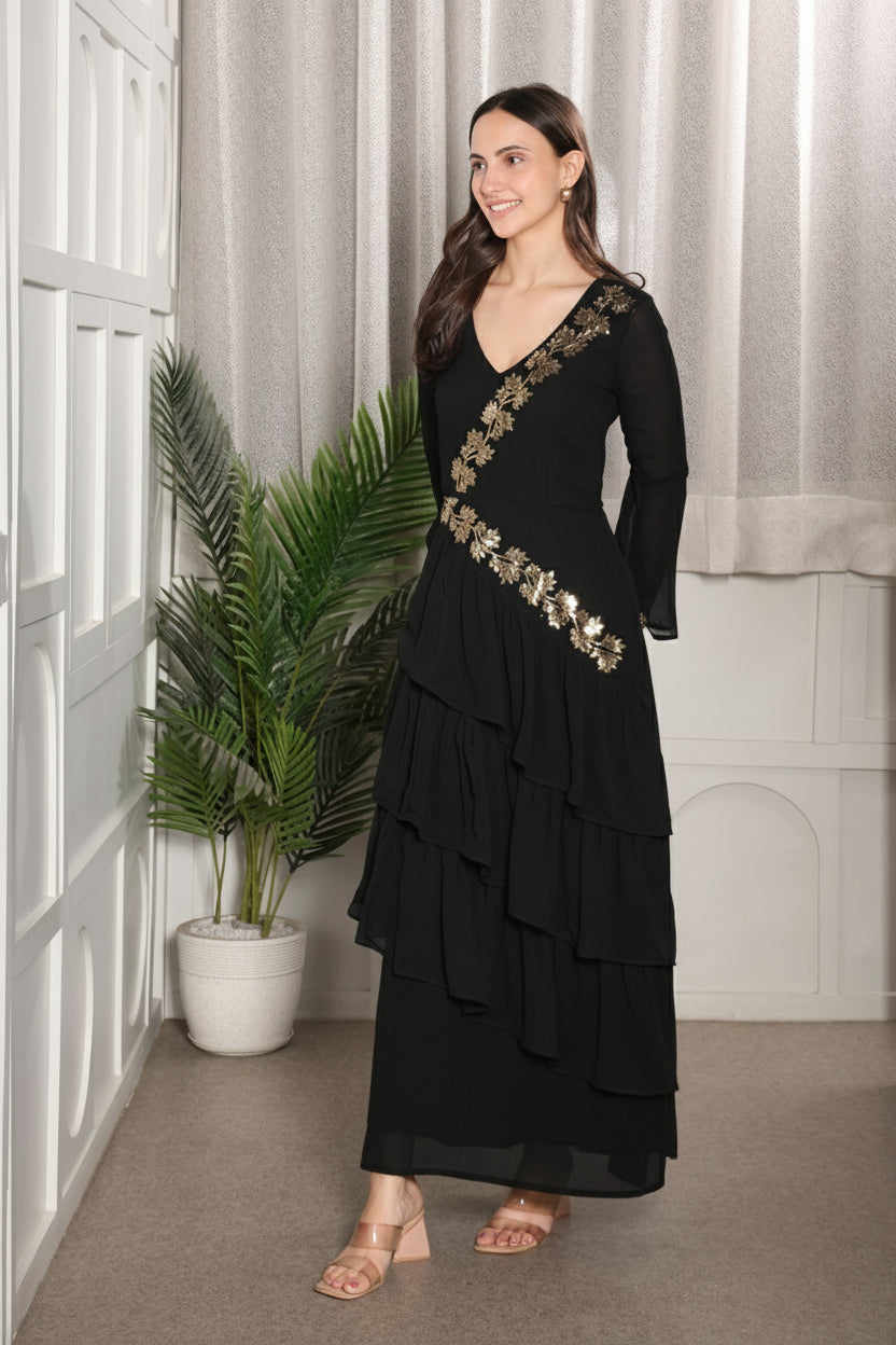 Premium Sequins Motif Frilled Evening Dress for Women