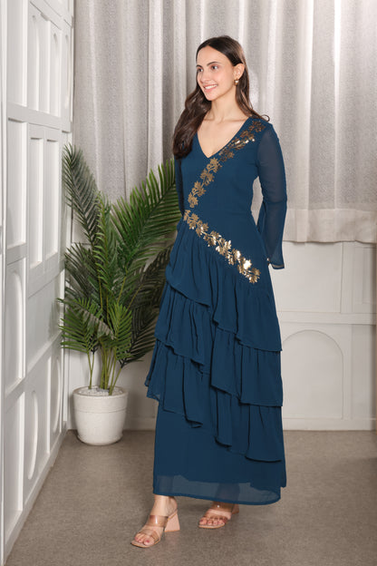 Premium Sequins Motif Frilled Evening Dress for Women