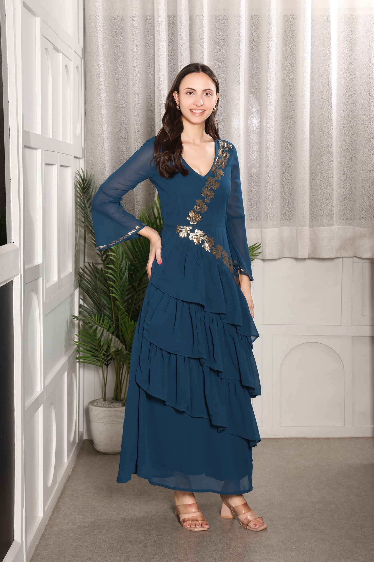 Premium Sequins Motif Frilled Evening Dress for Women