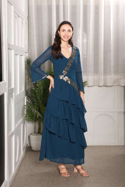 Premium Sequins Motif Frilled Evening Dress for Women