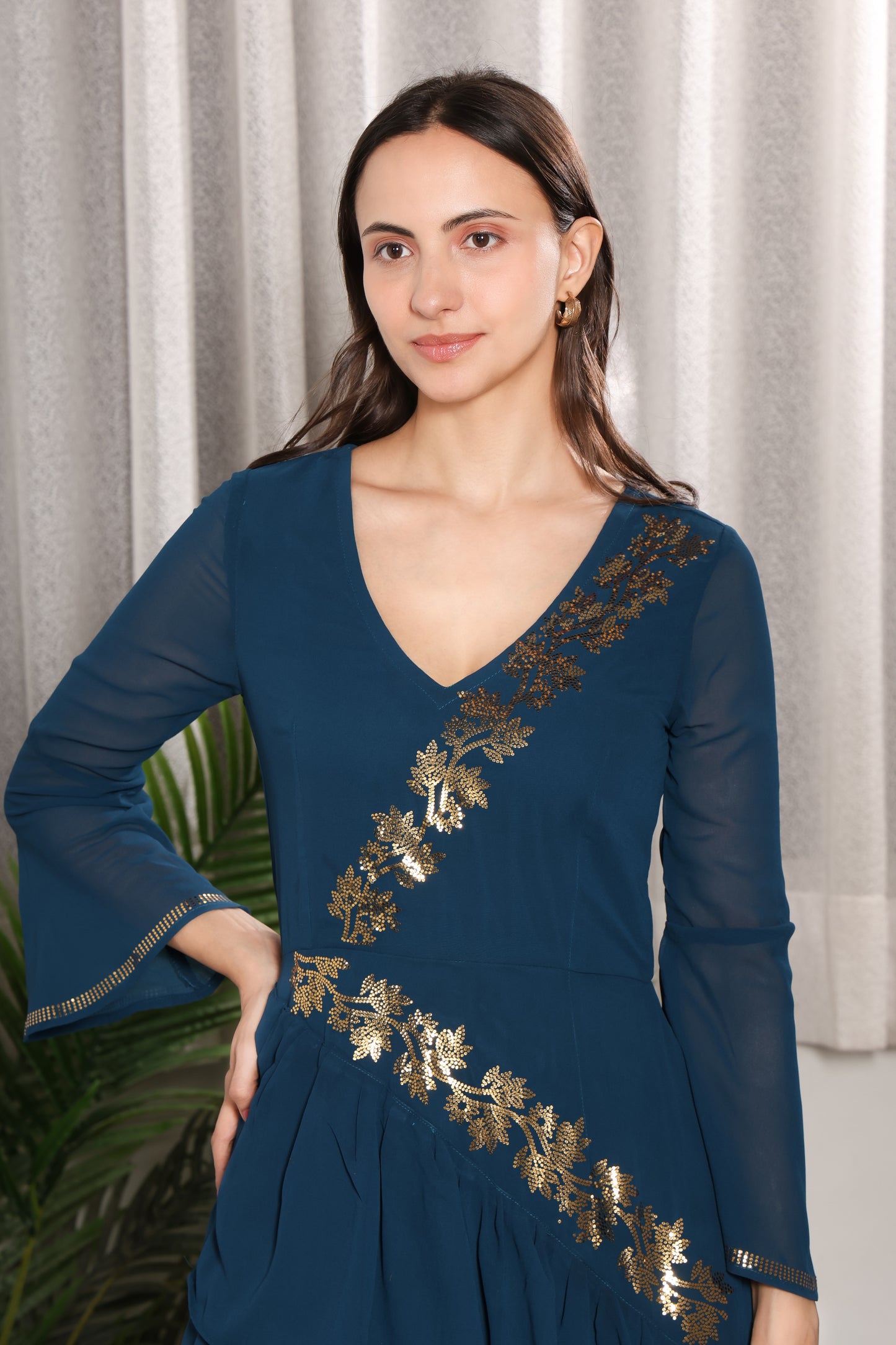 Premium Sequins Motif Frilled Evening Dress for Women