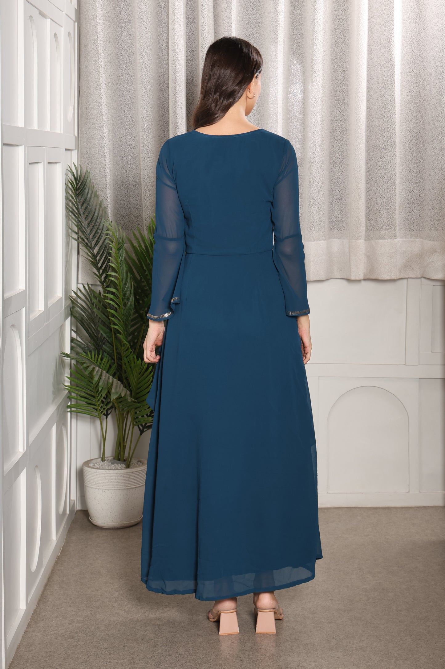 Premium Sequins Motif Frilled Evening Dress for Women