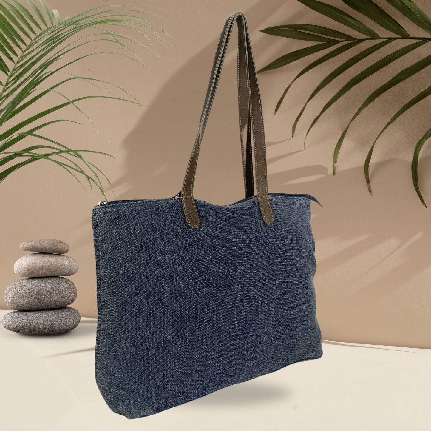 Timeless Linen Handbag with Genuine Leather Handles