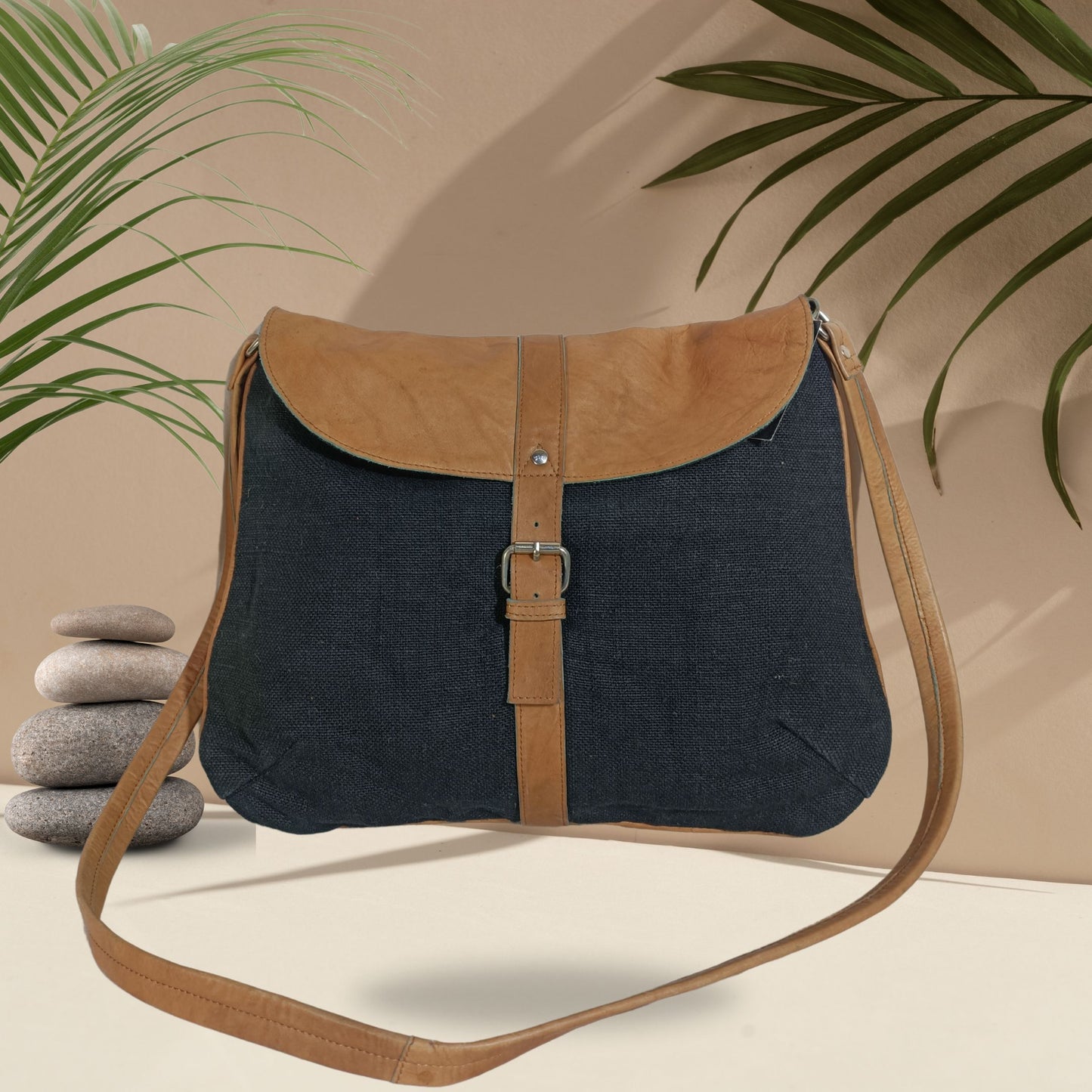 Classic Jute Satchel Bag with Genuine Leather Flap