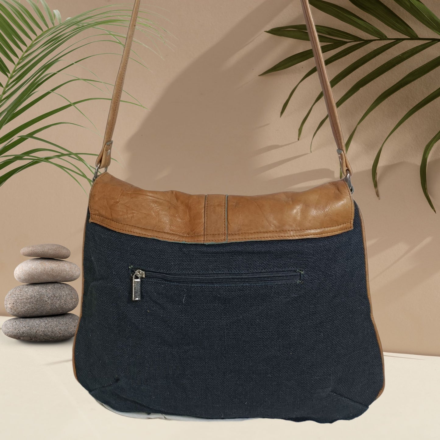 Classic Jute Satchel Bag with Genuine Leather Flap