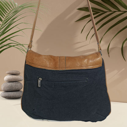 Classic Jute Satchel Bag with Genuine Leather Flap