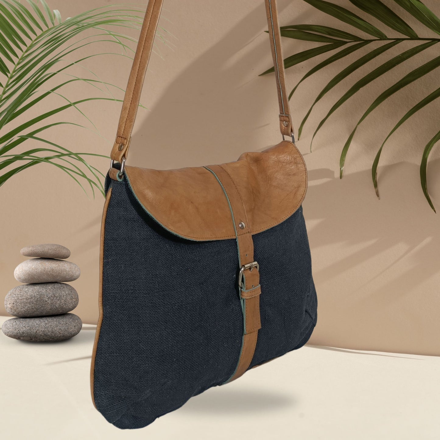 Classic Jute Satchel Bag with Genuine Leather Flap