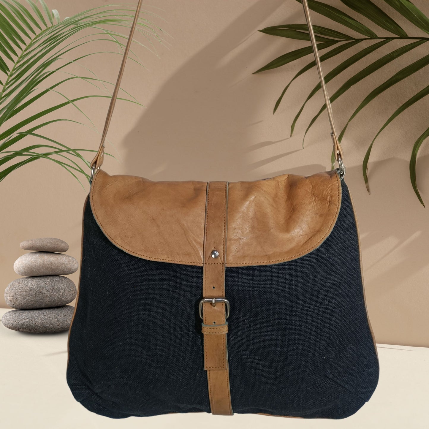 Classic Jute Satchel Bag with Genuine Leather Flap