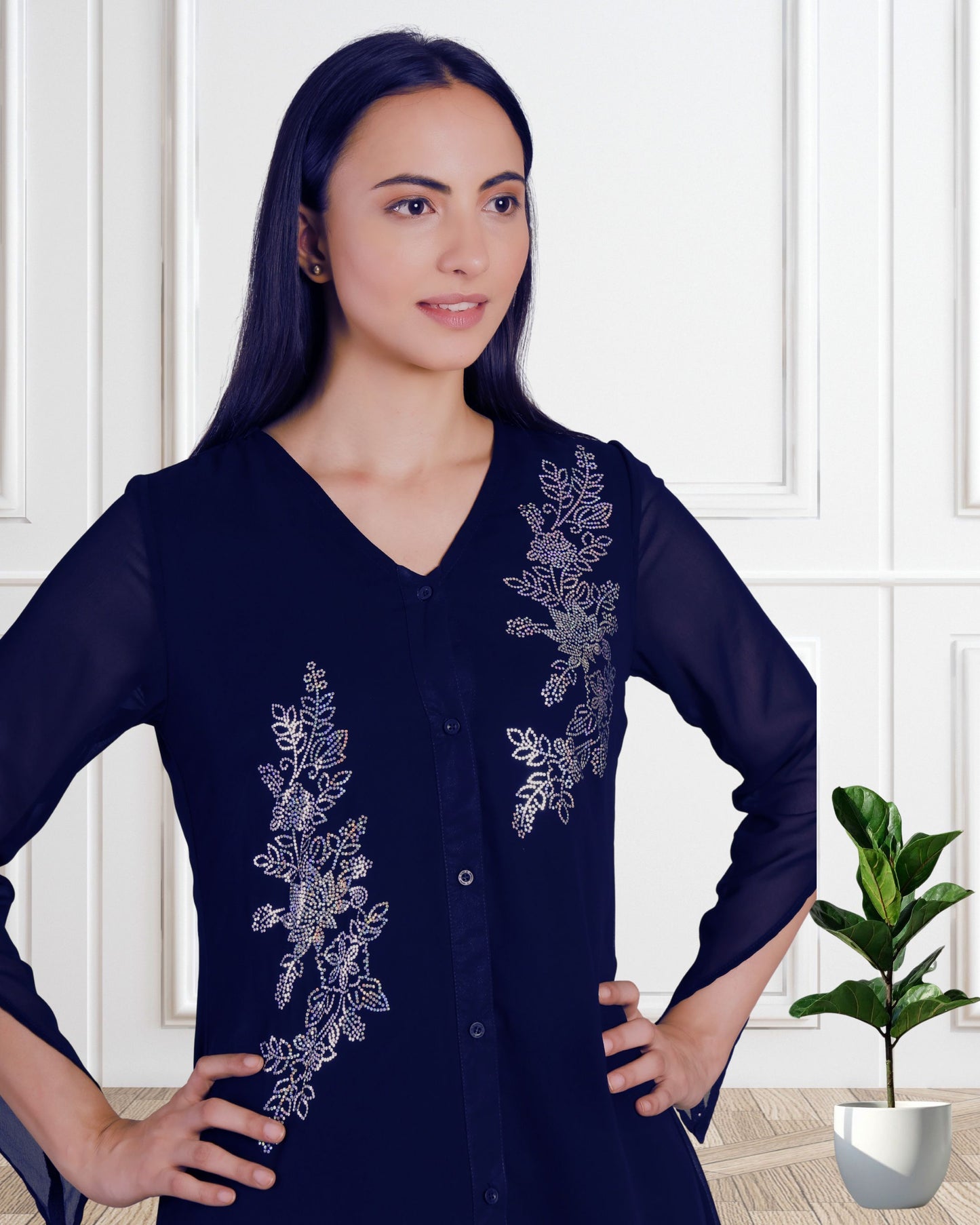 Stylish Sequins Embellished Frill Top with Matching Pants for Women