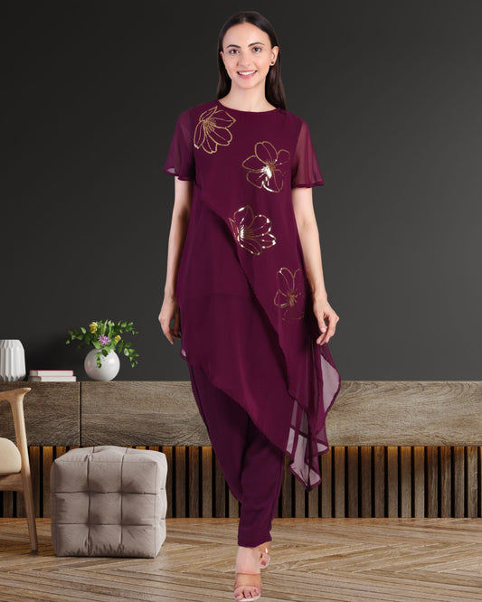 Women’s Sequins Motifs Embellished Asymmetric Top & Pant Set