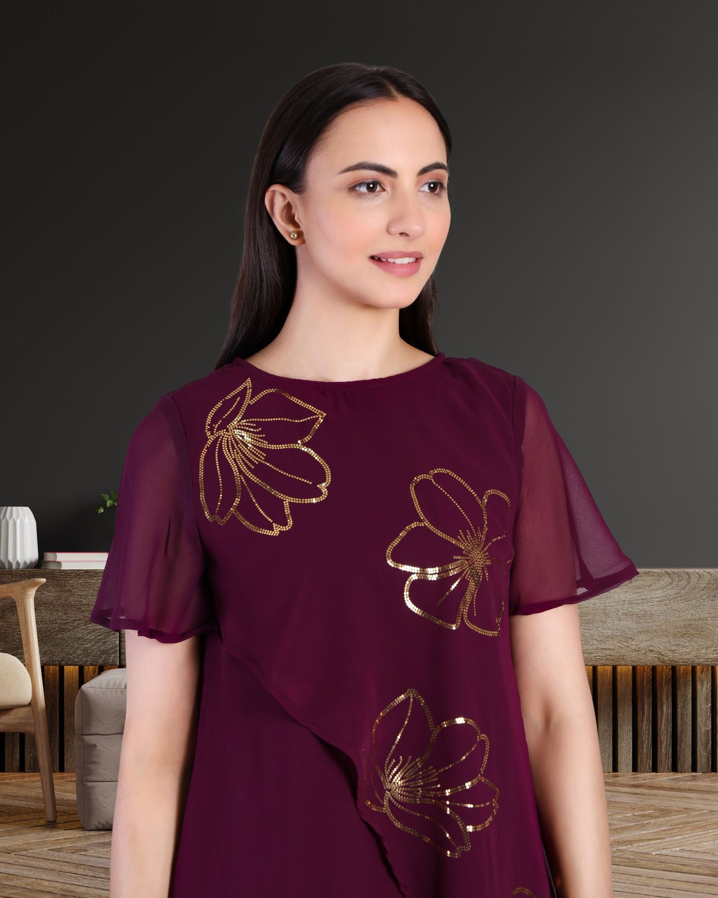 Women’s Sequins Motifs Embellished Asymmetric Top & Pant Set