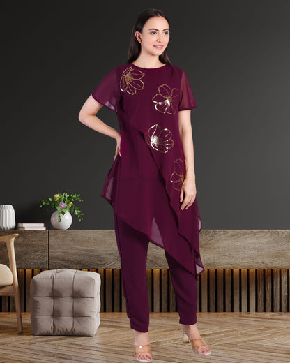 Women’s Sequins Motifs Embellished Asymmetric Top & Pant Set