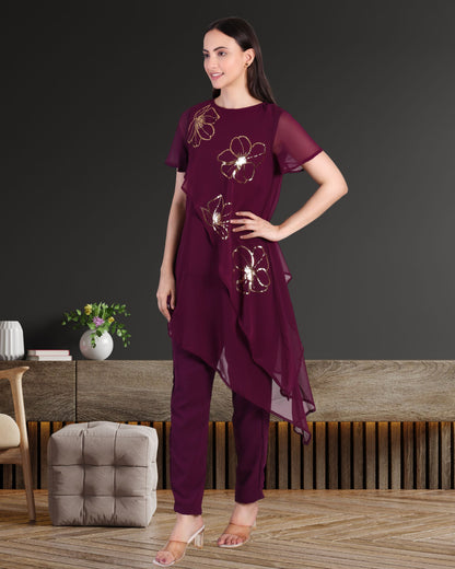 Women’s Sequins Motifs Embellished Asymmetric Top & Pant Set