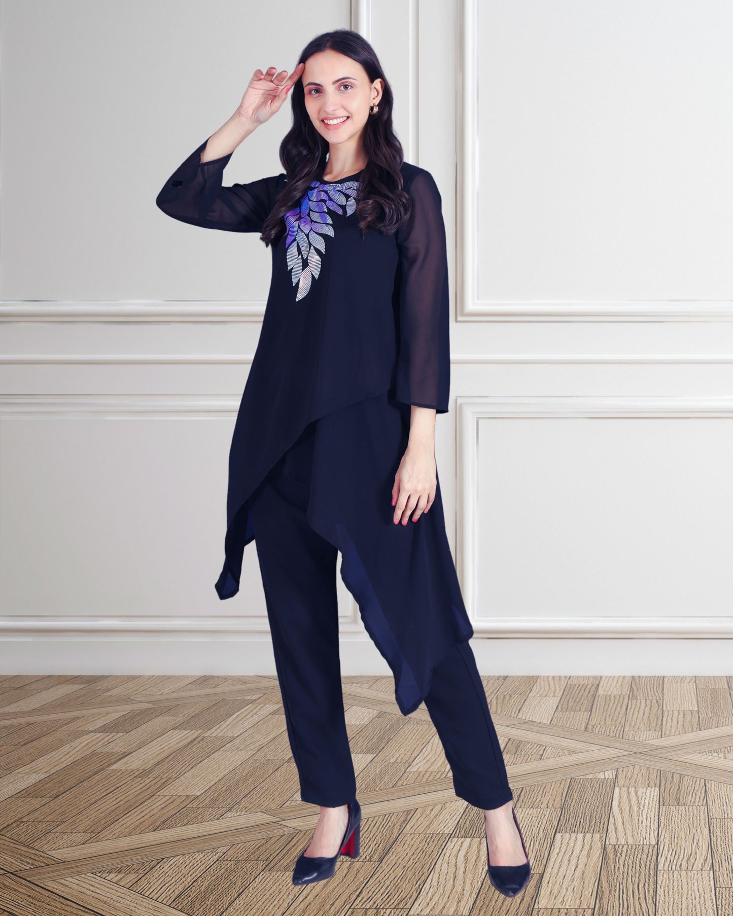Elegant Sequins Embellished Asymmetric Tunic & Pant Set