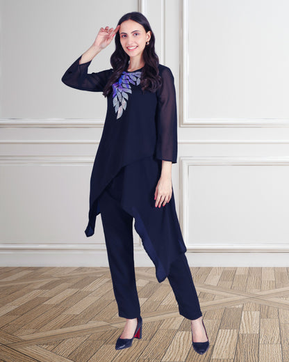 Elegant Sequins Embellished Asymmetric Tunic & Pant Set