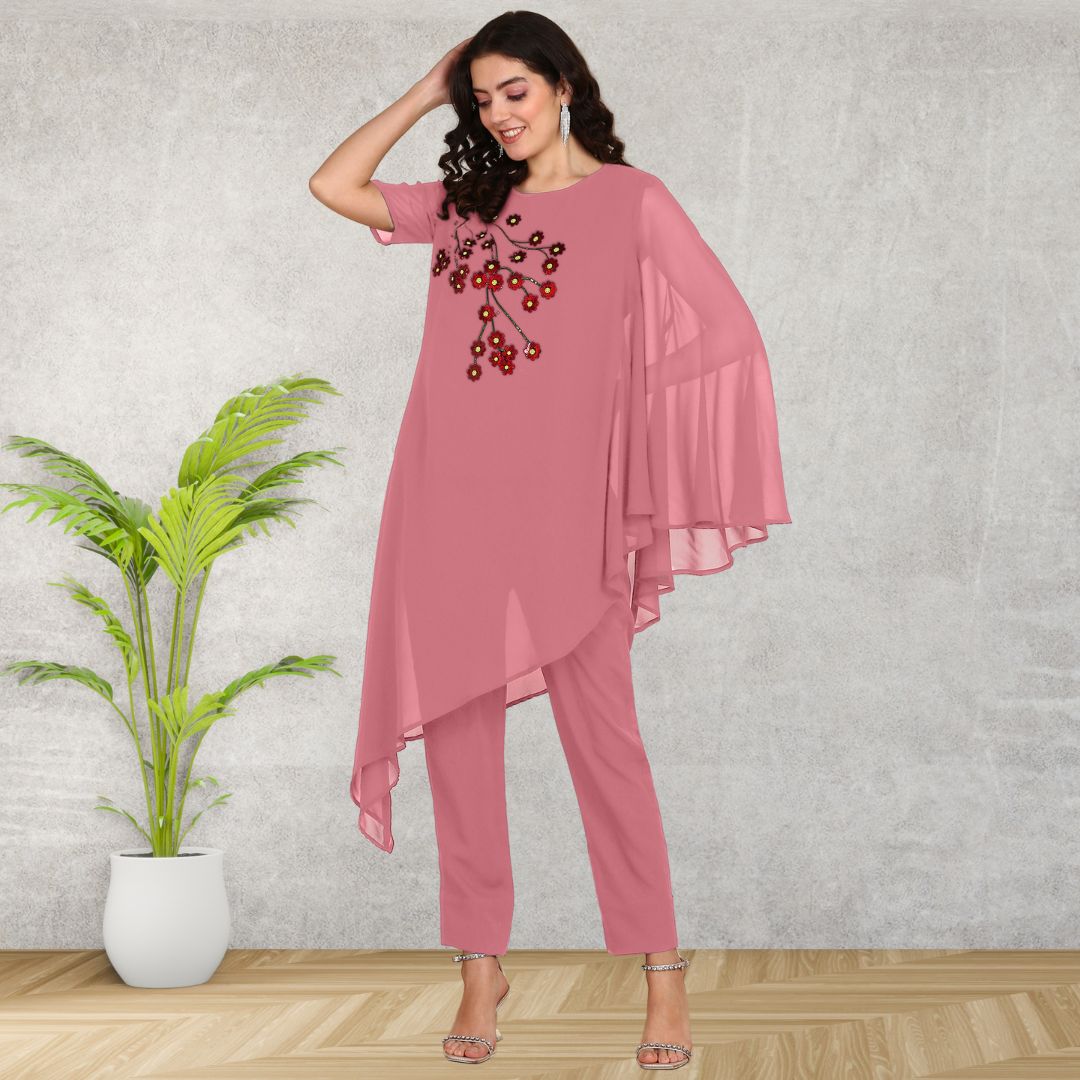 ✨ Sequin Embellished Asymmetric Georgette Top & Pant Set for Women