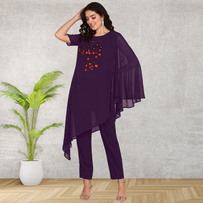✨ Sequin Embellished Asymmetric Georgette Top & Pant Set for Women