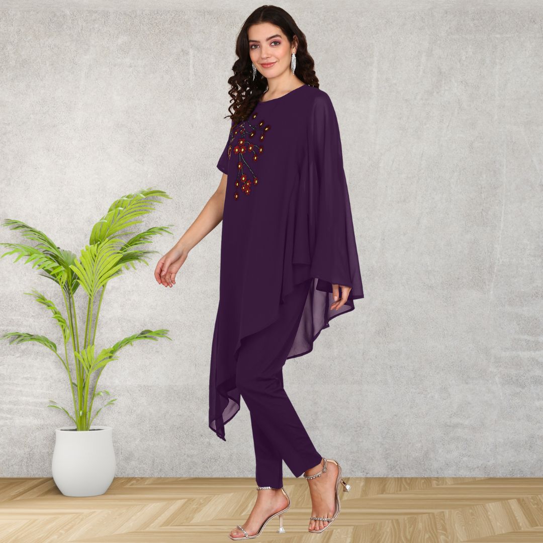 ✨ Sequin Embellished Asymmetric Georgette Top & Pant Set for Women