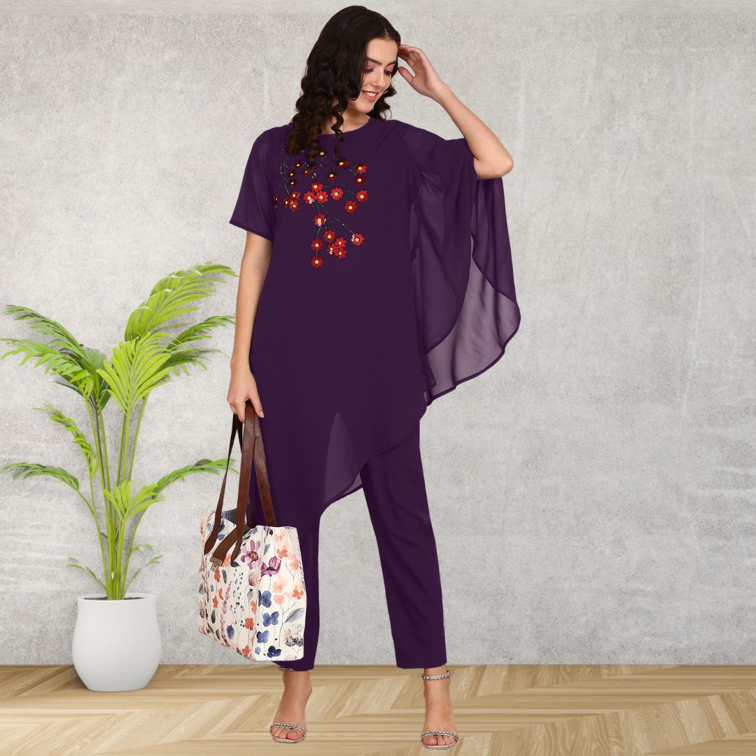 ✨ Sequin Embellished Asymmetric Georgette Top & Pant Set for Women