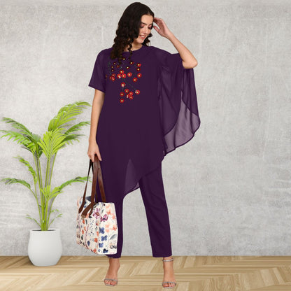 ✨ Sequin Embellished Asymmetric Georgette Top & Pant Set for Women