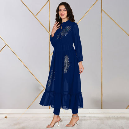 ✨ Peacock Feather Sequin Motifs Georgette Tunic & Pant Set for Women