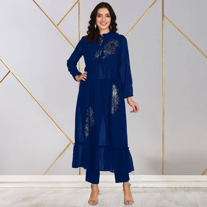 ✨ Peacock Feather Sequin Motifs Georgette Tunic & Pant Set for Women