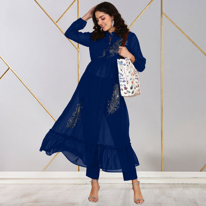 ✨ Peacock Feather Sequin Motifs Georgette Tunic & Pant Set for Women