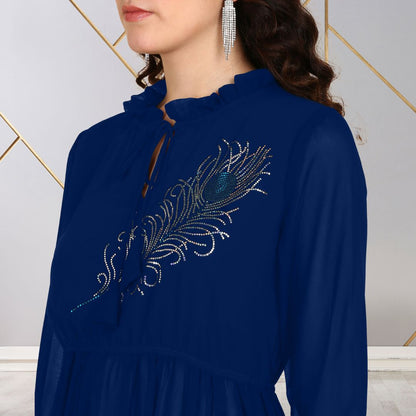 ✨ Peacock Feather Sequin Motifs Georgette Tunic & Pant Set for Women