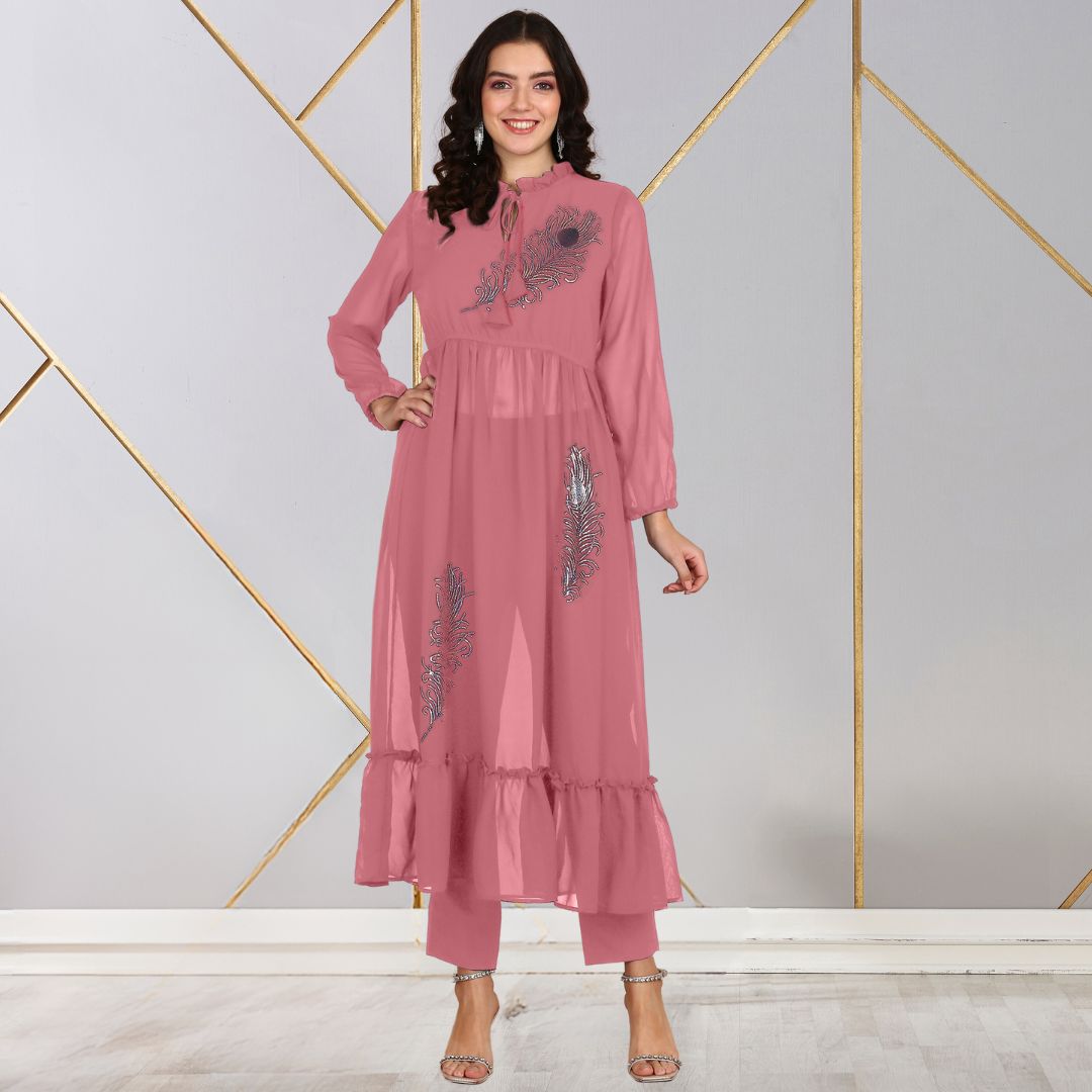 ✨ Peacock Feather Sequin Motifs Georgette Tunic & Pant Set for Women