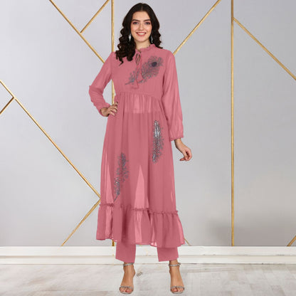 ✨ Peacock Feather Sequin Motifs Georgette Tunic & Pant Set for Women